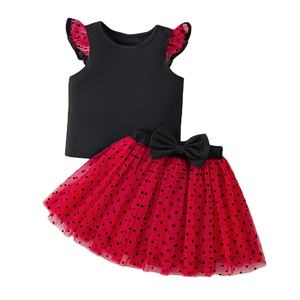 ขายส่งสาวเสื้อผ้าชุด 2024 ฤดูร้อนใหม่กลีบแขนเสื้อยืดด้านบน + กระโปรง Polka Dot แฟชั่นเด็กชุด 2 ชิ้น - Product Image 1