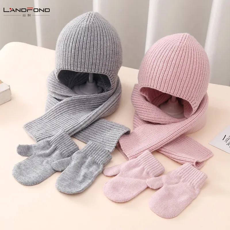 Landloved aksesoris anak-anak, 3 buah topi Beanie topi syal Set sarung tangan rajut hangat musim dingin untuk balita anak laki-laki perempuan