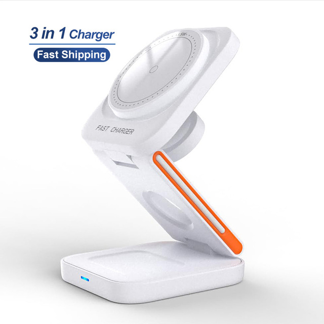 Portable Foldable 3 in 1 Wireless Charger Station Max 15W Strong Magnetic Charger Universal for Iphone, Iwatch and airpods