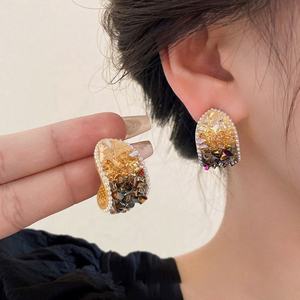 Boucles d'oreilles pendantes géométriques en forme de goutte d'huile de perle d'aiguille d'argent, design frais et élégant, tempérament doux, acier inoxydable doré - Product Image 3