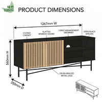 Meuble TV en bambou écologique avec lattes noires en bois pour salon, console multimédia avec étagères ouvertes, trou pour câbles, pieds en métal, OEM ODM
