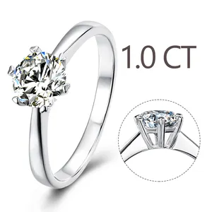 Abiding Jewelry Factory 925 Sterling Silver Women 6 Heart Claw Setting Solitaire 1ct Round Moissanite Engagement Diamond Rings