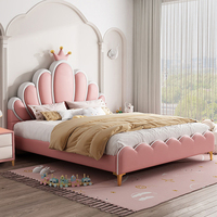 Tempat Tidur Anak Berlapis Kulit Asli Empuk Set Tempat Tidur Putri Model Bunga Pink untuk Rumah Tangga dengan Penyimpanan Rangka Kayu Modern