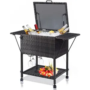 Carrinho refrigerador de gelo para bebidas, vinho e cerveja, carrinho de rattan para festas e banquetes, com jardim ao ar livre, acampamento, bar e banquetes, carrinho para bebidas e rattan de metal