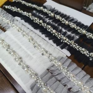 AFFINITY 주름 거즈 메쉬 프릴 진주 레이스 수제 구슬 체인 크리스탈 라인 석 레이스 트림 트위드 스타일 의류 플래켓 - Product Image 1