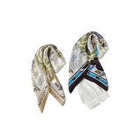 Foulard carré en soie de mûrier bleu ciel imprimé Jardin Botanique, 90 cm, pour femme, idéal pour l'été, comme foulard de tête, accessoire de sac ou pour mariage musulman