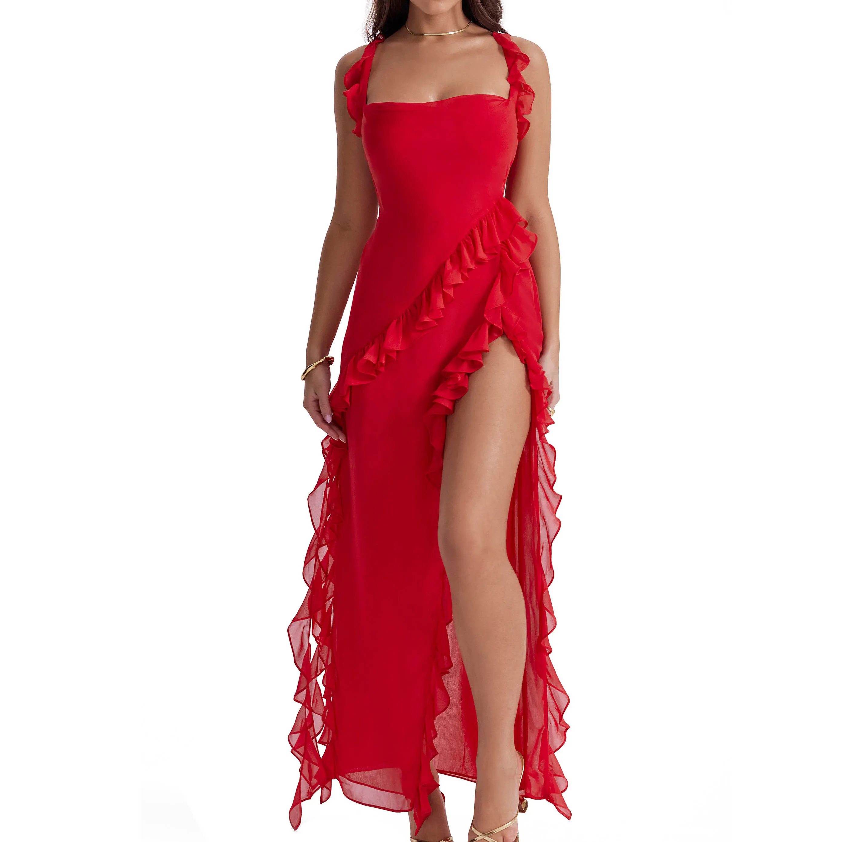 Gaun malam wanita tanpa lengan romantis Ruffle samping kustom mewah asimetris merah sifon jala gaun panjang klasik