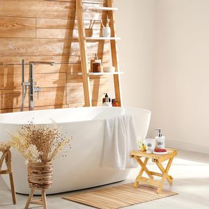 Hc Bamboo <b>Folding</b> <b>Step</b> <b>Stool</b> 11.4 X 11 X 12.2 Inch Natural Wood Color Portable Outdoor Shower Spa Chair - Product Image 3