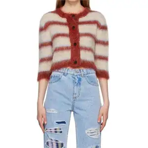 Wholesale Women's Beige and Red Striped Cardigan round neck short slim knit cardigans, customized women's sweaters