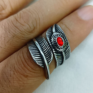 Feather <b>Ring</b> Stainless Steel Men's Casual Jewelry Ruby Stone Design - Product Image 1
