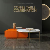 Table basse moderne carrée modulaire en 2 pièces PURUO, pieds en acier inoxydable doré, plateau en MDF et marbre pour salon