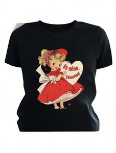 T-shirt casual da donna per San Valentino, a maniche corte, vestibilità ampia, girocollo, stampa con cuore a cartone animato, top alla moda per San Valentino, primavera - Product Image 1