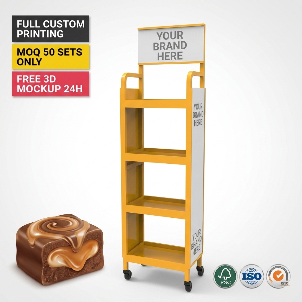 Wholesale Custom Branded Metal Candy Display Rack for Chocolate Gummy Soft Candy Filled Sweets Floor Stand with Wheels Shop OEM — view 1