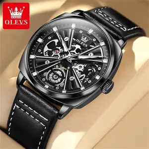 OLEVS 6685 OEM logo personnalisé relogio luxe squelette creux sport lumineux en cuir véritable montre mécanique automatique pour homme