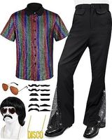 Ensemble de costumes disco des années 70 pour adultes, tenue de fête rétro légère avec chemise scintillante, pantalon pattes d'éléphant, perruque afro, lunettes