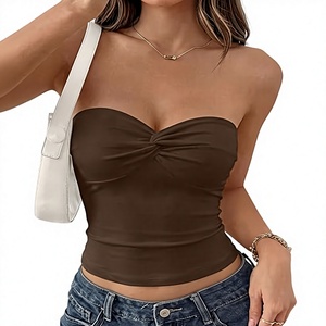 <b>Women</b> Strapless <b>Brown</b> Knitted Crop <b>Top</b> Plaid Casual Breathable Eco-Friendly Quick Dry Spring Summer Daily Wear - Product Image 1