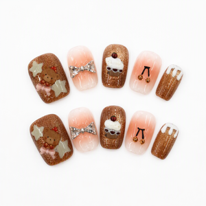Uñas Postizas de Navidad con Diseño de Oso, Degradado Marrón y Rosa con Brillantina, Cortas, Forma Ataúd, Pre-Diseñadas, 10 Piezas - Product Image 4