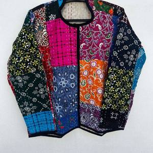 Chaqueta de algodón acolchada reversible y transpirable con patchwork Kantha, cuello en V, manga larga, estilo open stitch, para mujer, otoño-invierno - Product Image 4