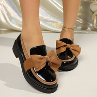 Mocassins pour femmes en tissu avec nœud et bordure contrastante, talon bloc bas verni, style preppy, pour le campus, le bureau, vintage, chaussures quotidiennes