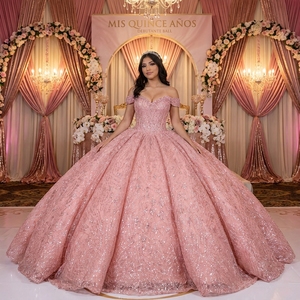 ชุดราตรีงาน Quinceanera สีชมพูโรส รุ่น Dy6995 ผ้าชีฟองประดับเลื่อมลายดาวระยิบระยับ แต่งลูกไม้หวานๆ ทรงกระโปรงบานเต็มตัว - Product Image 1