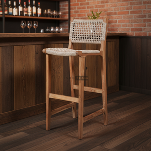Tabourets de bar modernes Amora, structure en teck massif, assise en corde tressée, confort élégant, pour bar à domicile et salle à manger d'hôtel, utilisation intérieure et extérieure - Product Image 4