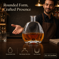 Carafe à liqueur en verre plat ronde Solent avec base à facettes et bord large, bouteille à spiritueux pour présentation sur comptoir de bar, fournisseur en gros