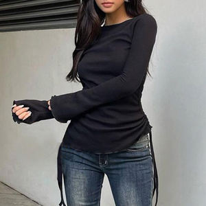 Camiseta de Manga Larga Ajustada de Punto de Color Sólido Informal para Mujer para Otoño Invierno - Product Image 5