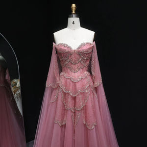 فستان سهرة فاخر من جانسمبر LSZ215 باللون الوردي بتصميم خط A وأكتاف مكشوفة وأكمام كيب مزين بالخرز والتول - Product Image 3