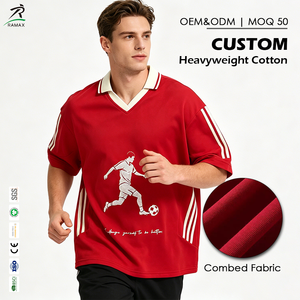 เสื้อฟุตบอลผ้าคอตตอนหวีพิเศษทรงโอเวอร์ไซส์ลายทางสำหรับผู้ชาย รับผลิตแบบ OEM ODM พร้อมสกรีนโลโก้ เสื้อยืดสตรีทแวร์แนวสปอร์ต - Product Image 1