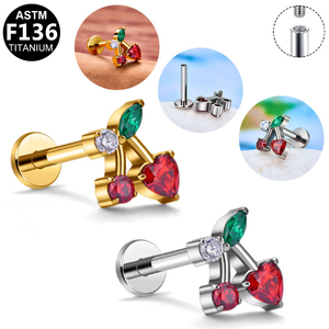 Getta Women's Vintage ASTM F136 Titanium Lip Ring Cute Cherry Cartilage Helix Piercing Earrings Zircon Internal Thread Wedding - Product Image 2