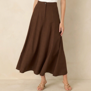 Jupe longue trapèze marron pour femme avec fermeture boutonnée, élégante, longueur cheville, design uni, tissu tissé confortable, toutes saisons - Product Image 1