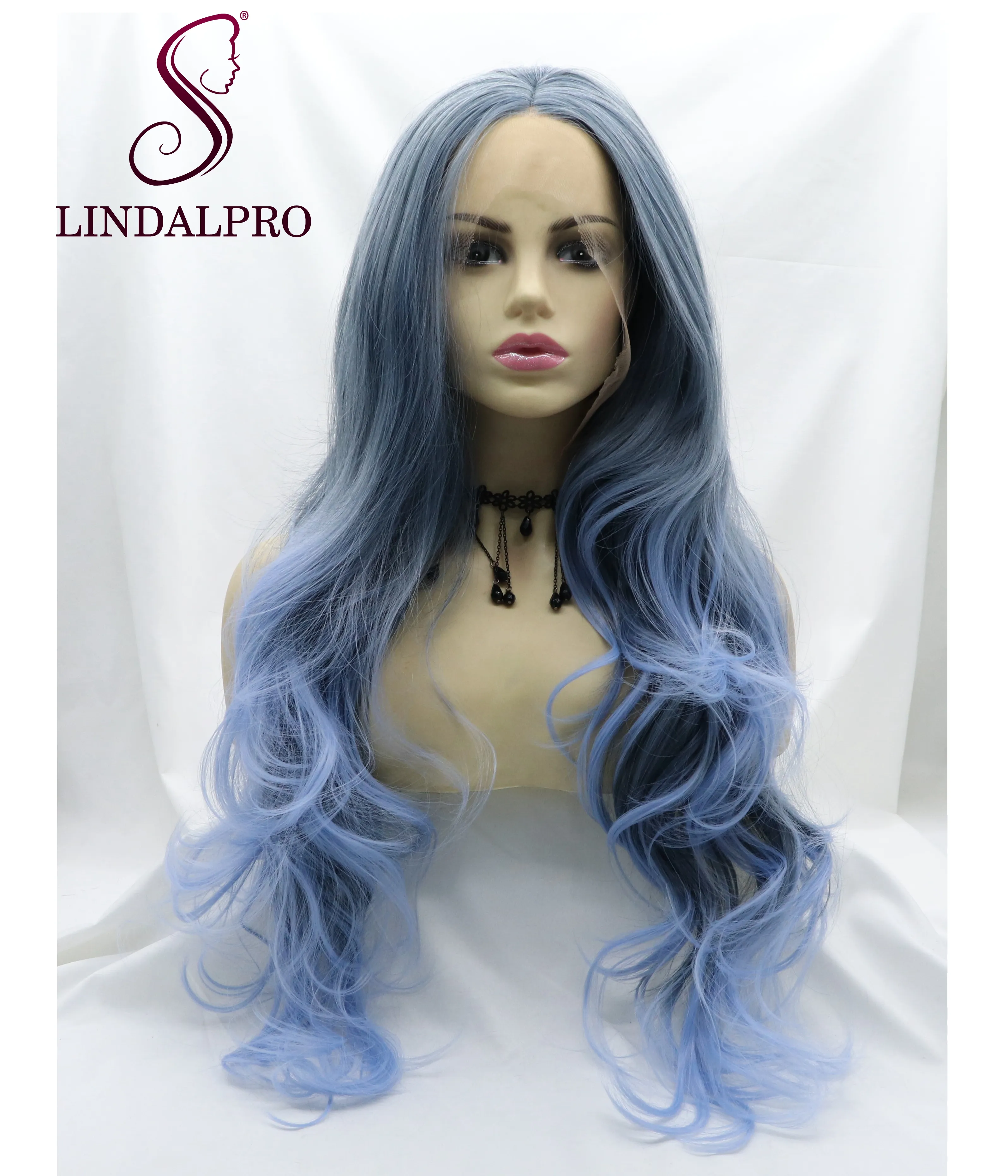 LINDAL colorful gray blue ombre wave heat resistant fiber synthetic lace front wigs