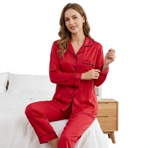 Women's <b>Red</b> Satin Long Sleeve Pajama Set Classic Turn-Down Collar Full Length Smooth Sleepwear Autumn Wear GOTS Certified - Product Image 1