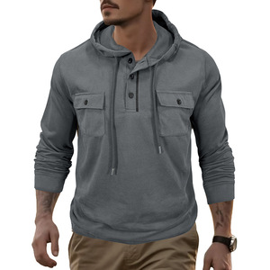 Healy 26-27 <b>Men</b> Drawstring Hoodie 3 Button Placket Double Chest Pocket Soft Cotton Blend Casual Work Long Sleeve <b>Pullover</b> - Product Image 1