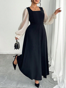 Vestidos elegantes de talla grande con cuello cuadrado y mangas abullonadas de malla para mujer - Product Image 5