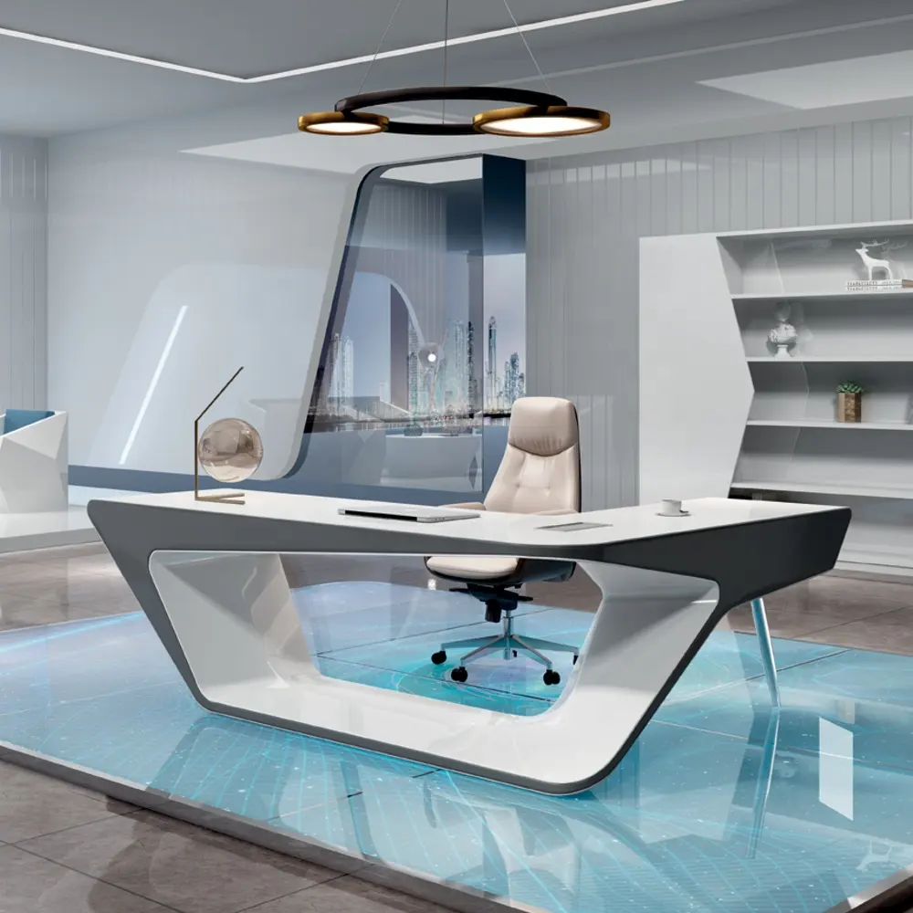 CEO Pengisian Daya Nirkabel Bentuk Bos L dengan Laci Putih Mewah Furnitur Kantor Manajer Teknologi Tinggi Modern Rumah Kantor Eksekutif Meja