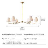Lustre en laiton et tissu, style rétro français moderne et minimaliste, pour salle à manger, salon, chambre principale, projet hôtelier, plissé, multi-bras