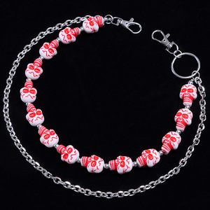 yueli Red White <b>Skull</b> Beaded Waist Chain Metal Double Layer Pants Chain Hip Hop Style Fashion Body Chain Daily Wear Accessory - Product Image 3