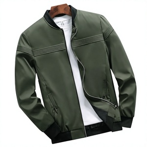 Blouson bomber à capuche vert olive pour homme, col montant, fermeture éclair, coupe-vent, décontracté, en cuir, coupe classique, pour l'automne - Product Image 1
