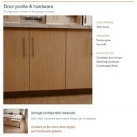 Meuble de cuisine stratifié au design luxueux, configuration îlot, unités modulaires, boîtes en panneaux de particules et tiroirs à fermeture amortie