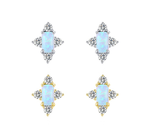 925 Silver <b>Opal</b> Stud <b>Earrings</b> With Round Diamond Claw Setting Geometric Classic Women's Everyday Wear - Product Image 1