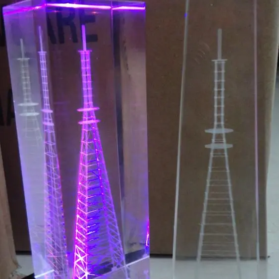 new 3d laser etch electric tower glass crystal cube with led base