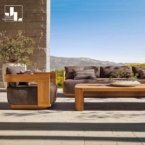 Juego de sofás de <span class=keywords><strong>teca</strong></span> para exteriores de estilo nórdico, muebles de sofá al aire libre de tela impermeable para jardín y Patio de Hotel - Product Image 2