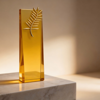 Plaques de luxe en cristal K9 ambre, feuille de palmier dorée, étanches, gravées au laser, polies, imprimées par transfert thermique, pour événements sportifs et cérémonies