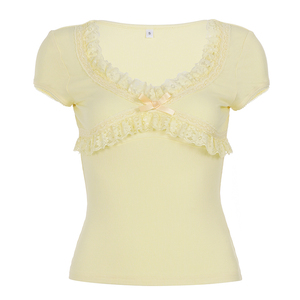 Slim Fit Lace <b>Patchwork</b> Solid <b>Top</b>, Women’s Girly Streetwear T-Shirt with Floral Lace Detail - Product Image 6