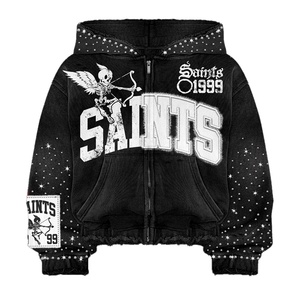Customized Zipper Cotton <b>Jackets</b> 400gsm Boxy Distressed Heavyweight <b>Rhinestone</b> Zip Up Men's Hoodies Manufacturer - Product Image 3