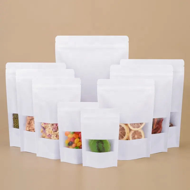 White Craft Paper Standing Up Pouches Food Packaging doypack Zipper kraft paper Bags With Window