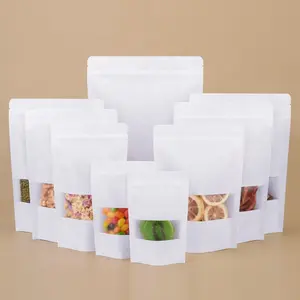 White Craft Paper Standing Up Pouches Food Packaging Doypack Zipper Kraft Paper Bags With Window