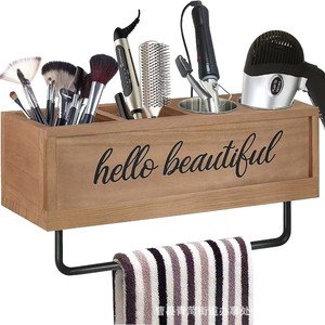 Support mural en bois pour sèche-cheveux, organisateur multi-compartiments pour serviettes et bandeaux, outil de coiffure transfrontalier - Product Image 2
