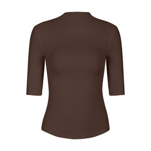 Haut de yoga modal SUHE TS-014 pour femme, col montant, coupe ajustée, manches courtes, couleur unie bleu marine, dos élégant boutonné, séchage rapide - Product Image 2